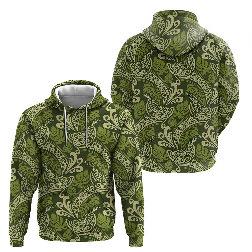 Olive Green Monstera Zip Hoodie Polynesian Tribal Pattern - Polynesian Pride