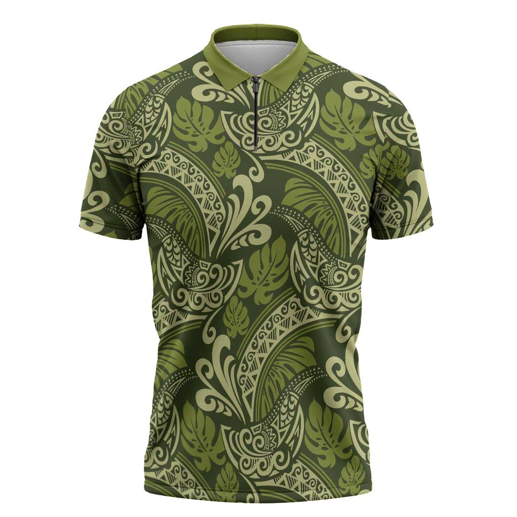 Olive Green Monstera Zipper Polo Shirt Polynesian Tribal Pattern - Polynesian Pride