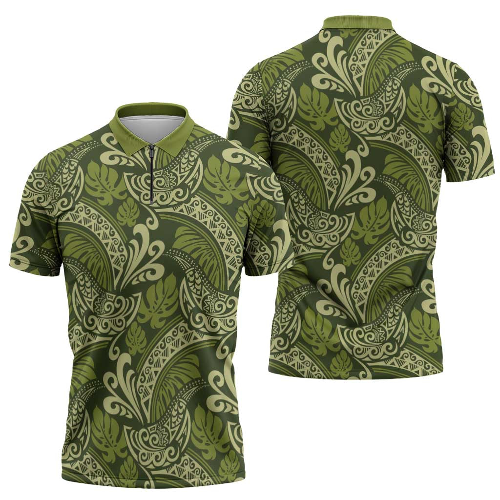Olive Green Monstera Zipper Polo Shirt Polynesian Tribal Pattern - Polynesian Pride
