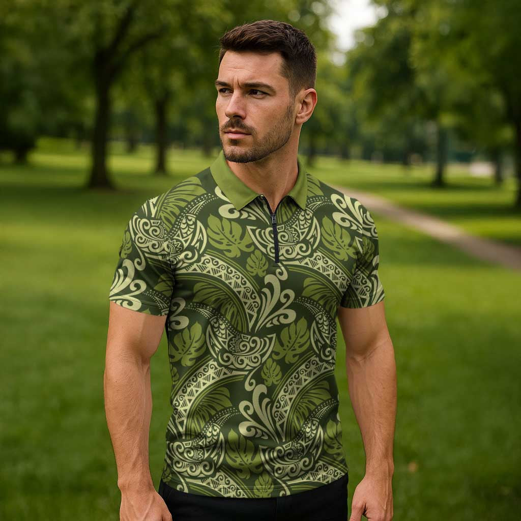 Olive Green Monstera Zipper Polo Shirt Polynesian Tribal Pattern - Polynesian Pride