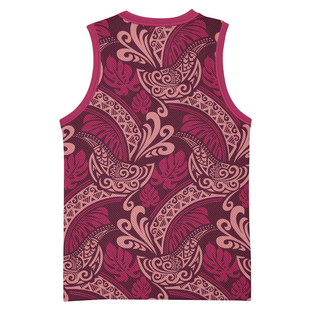 Sweet Pink Monstera Basketball Jersey Polynesian Tribal Pattern - Polynesian Pride