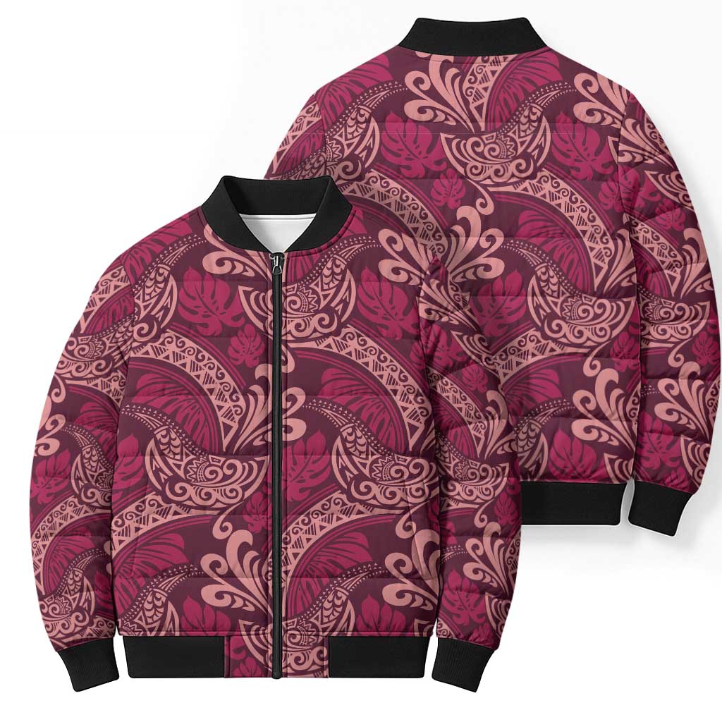Sweet Pink Monstera Bomber Puffer Jacket Polynesian Tribal Pattern - Polynesian Pride