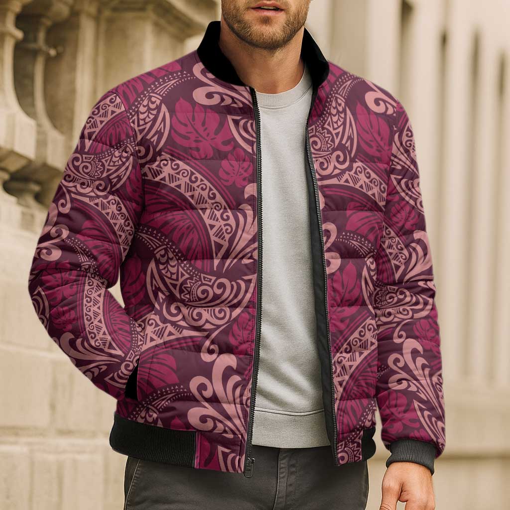 Sweet Pink Monstera Bomber Puffer Jacket Polynesian Tribal Pattern - Polynesian Pride