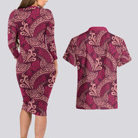Sweet Pink Monstera Couples Matching Long Sleeve Bodycon Dress and Hawaiian Shirt Polynesian Tribal Pattern - Polynesian Pride