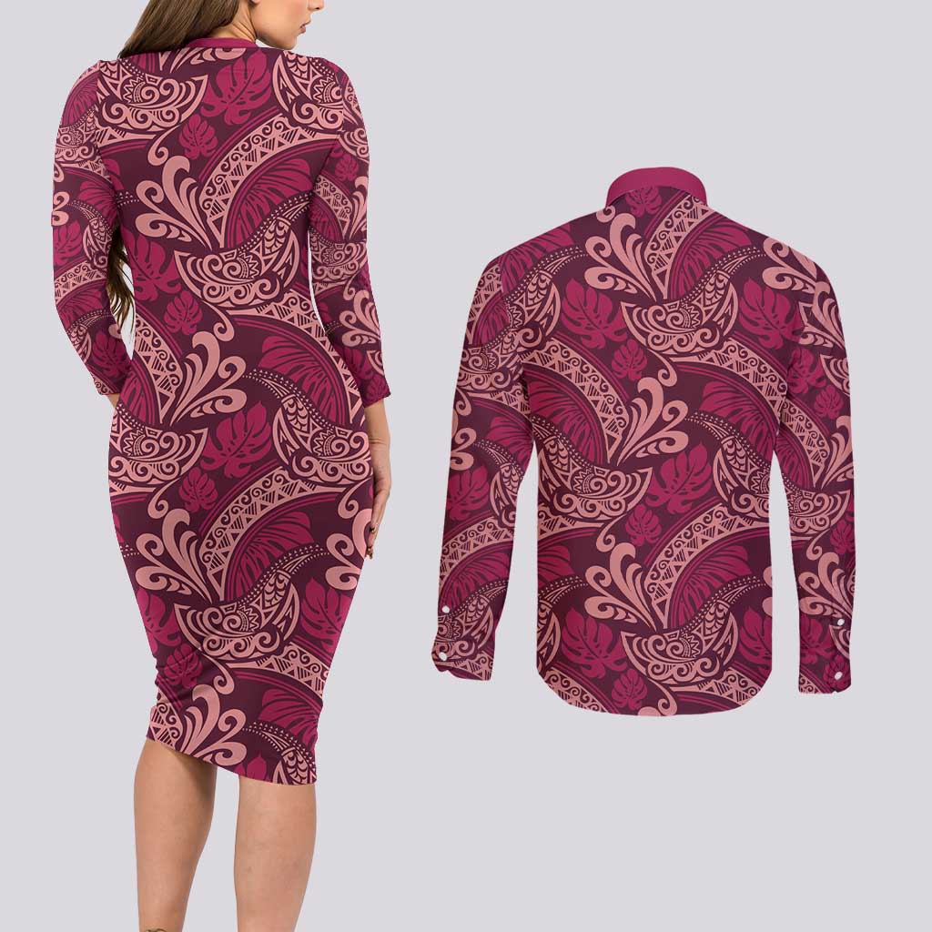 Sweet Pink Monstera Couples Matching Long Sleeve Bodycon Dress and Long Sleeve Button Shirt Polynesian Tribal Pattern - Polynesian Pride