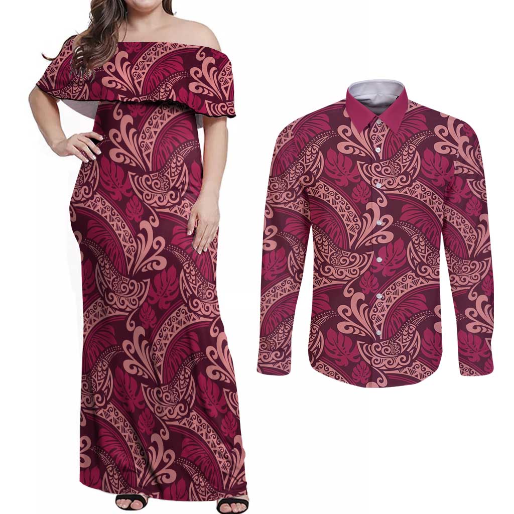 Sweet Pink Monstera Couples Matching Off Shoulder Maxi Dress and Long Sleeve Button Shirt Polynesian Tribal Pattern - Polynesian Pride