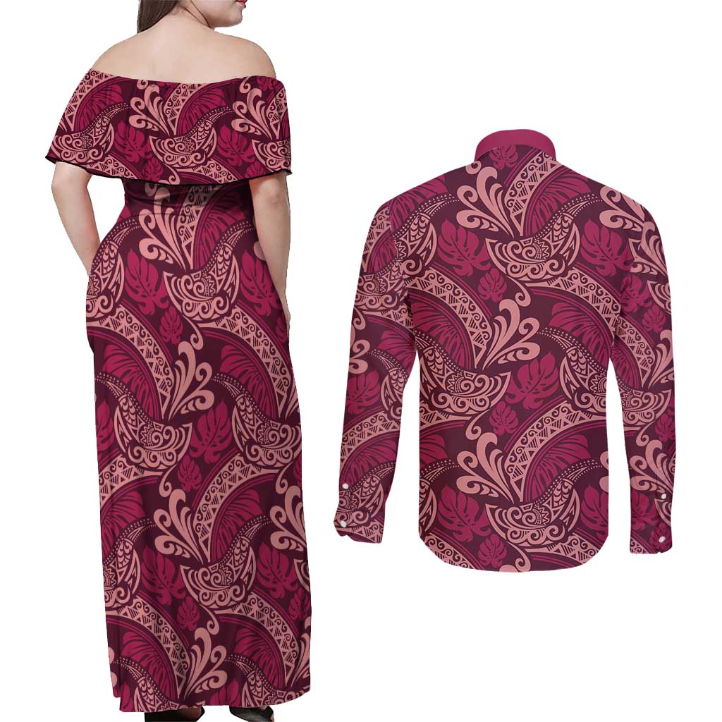 Sweet Pink Monstera Couples Matching Off Shoulder Maxi Dress and Long Sleeve Button Shirt Polynesian Tribal Pattern - Polynesian Pride