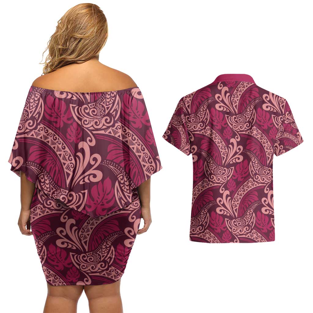 Sweet Pink Monstera Couples Matching Off Shoulder Short Dress and Hawaiian Shirt Polynesian Tribal Pattern - Polynesian Pride