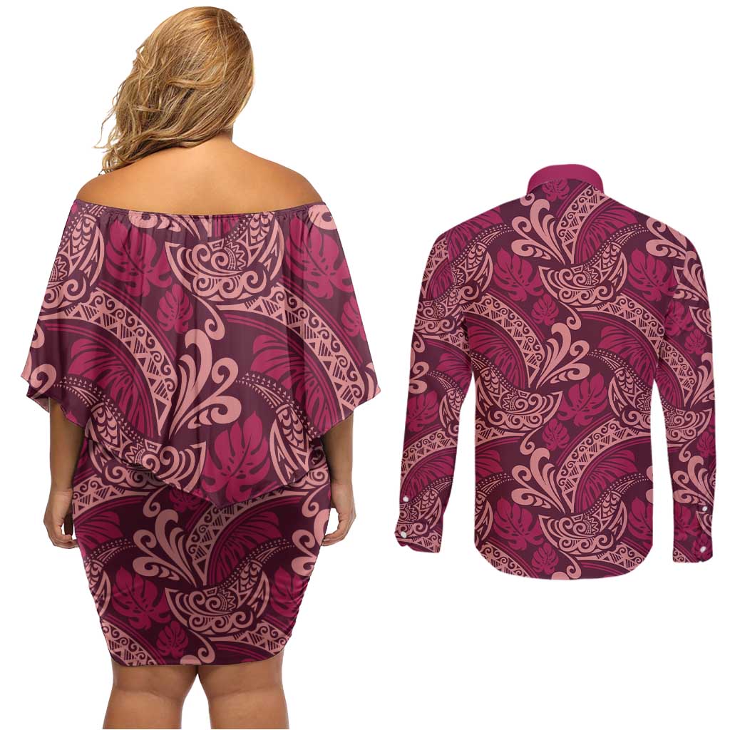 Sweet Pink Monstera Couples Matching Off Shoulder Short Dress and Long Sleeve Button Shirt Polynesian Tribal Pattern - Polynesian Pride