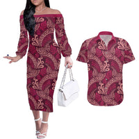 Sweet Pink Monstera Couples Matching Off The Shoulder Long Sleeve Dress and Hawaiian Shirt Polynesian Tribal Pattern - Polynesian Pride