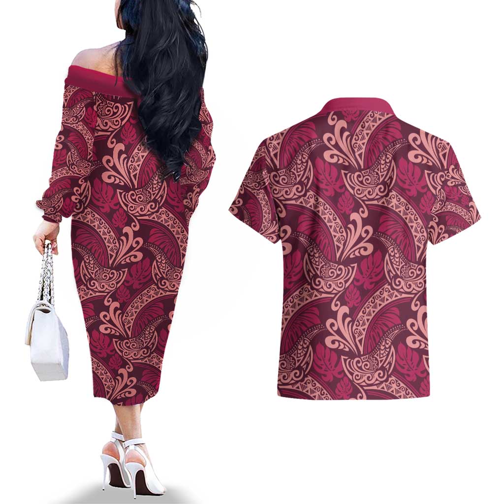 Sweet Pink Monstera Couples Matching Off The Shoulder Long Sleeve Dress and Hawaiian Shirt Polynesian Tribal Pattern - Polynesian Pride