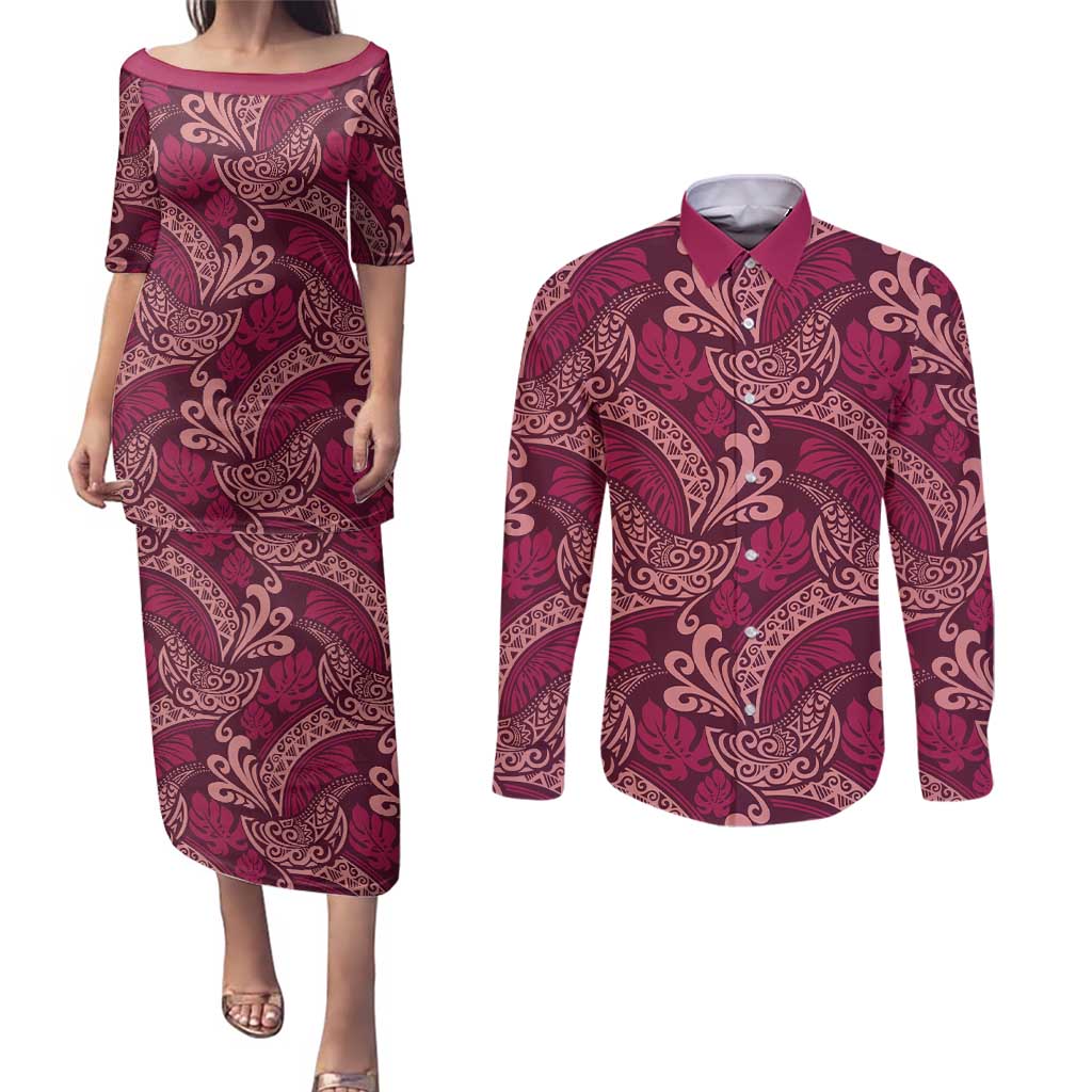 Sweet Pink Monstera Couples Matching Puletasi and Long Sleeve Button Shirt Polynesian Tribal Pattern - Polynesian Pride