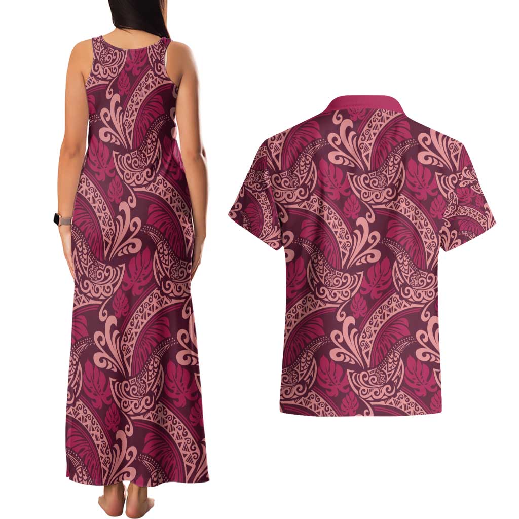 Sweet Pink Monstera Couples Matching Tank Maxi Dress and Hawaiian Shirt Polynesian Tribal Pattern - Polynesian Pride