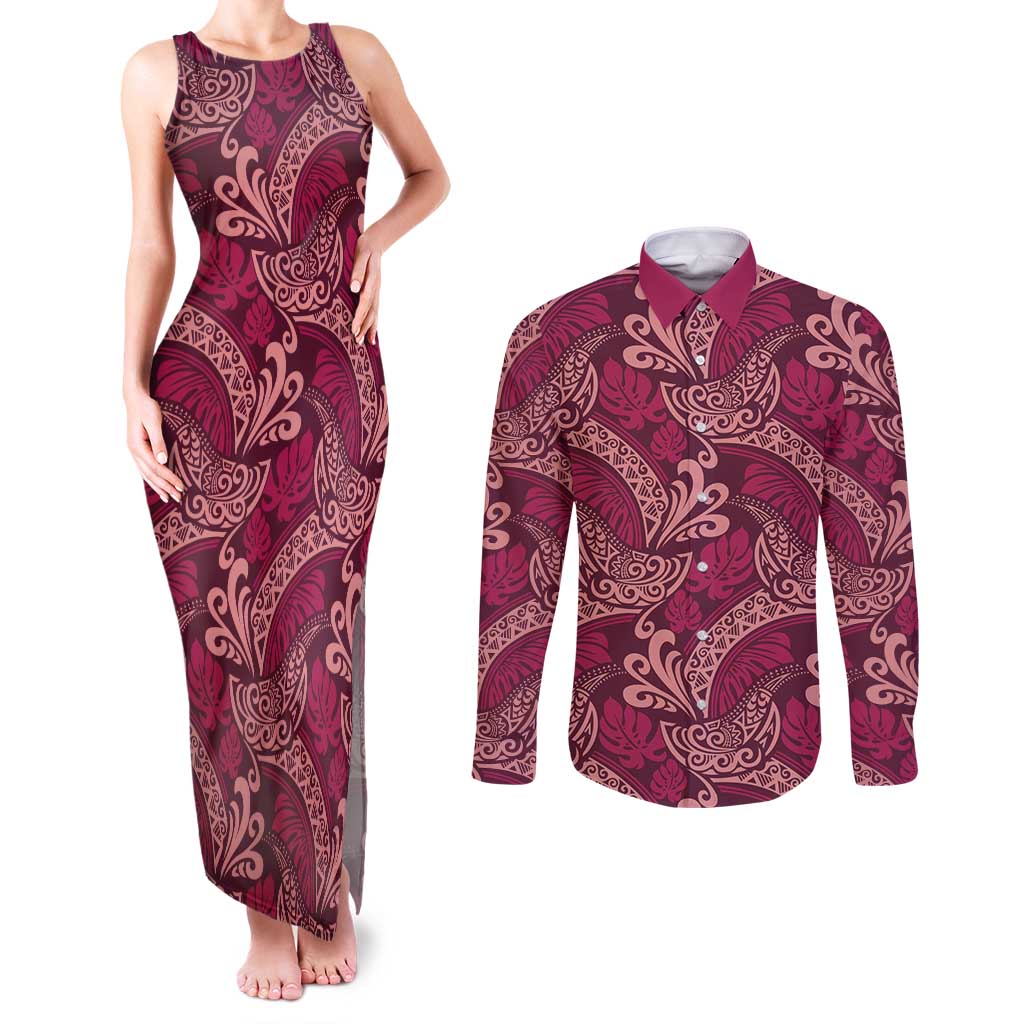 Sweet Pink Monstera Couples Matching Tank Maxi Dress and Long Sleeve Button Shirt Polynesian Tribal Pattern - Polynesian Pride