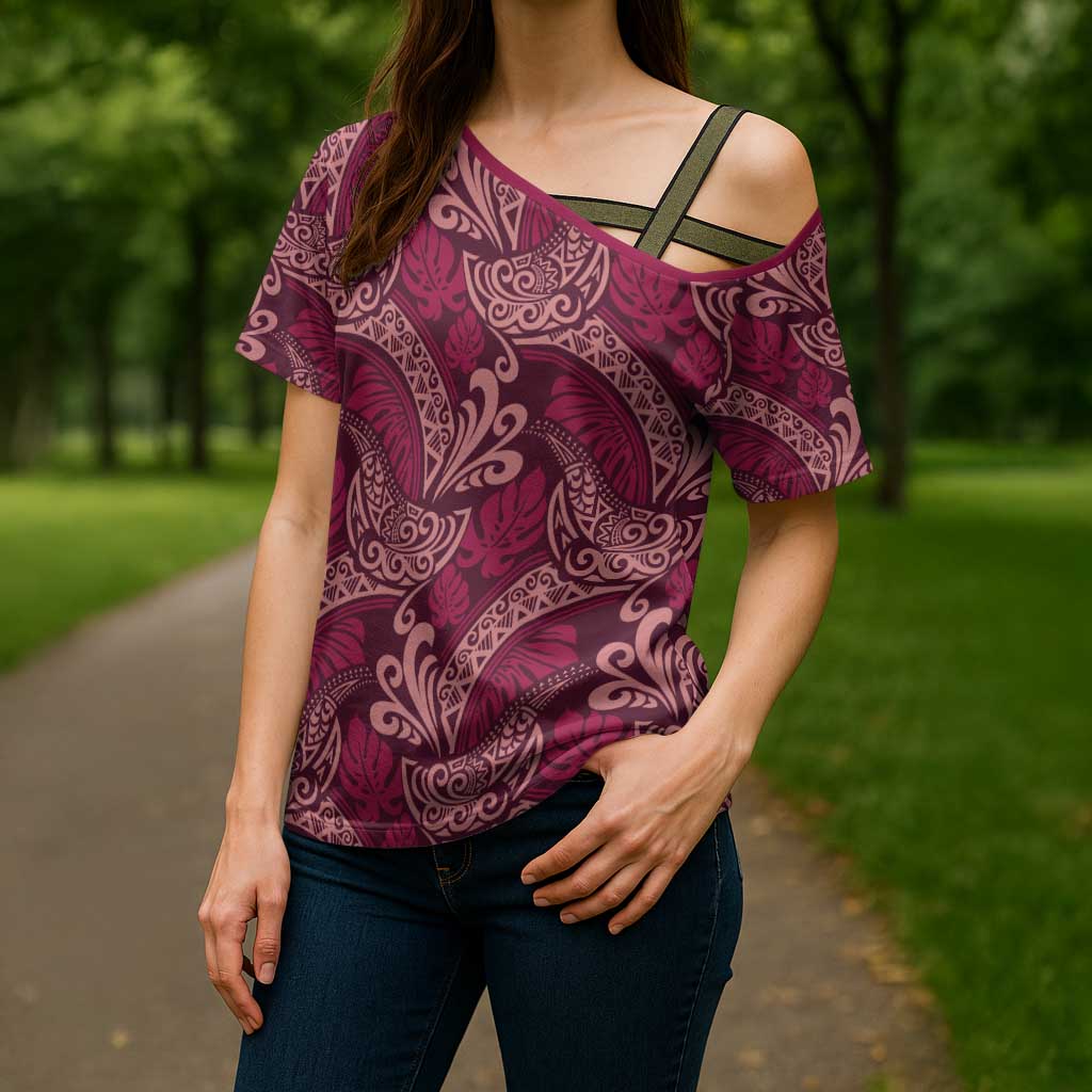 Sweet Pink Monstera Cross Shoulder Shirt Polynesian Tribal Pattern - Polynesian Pride