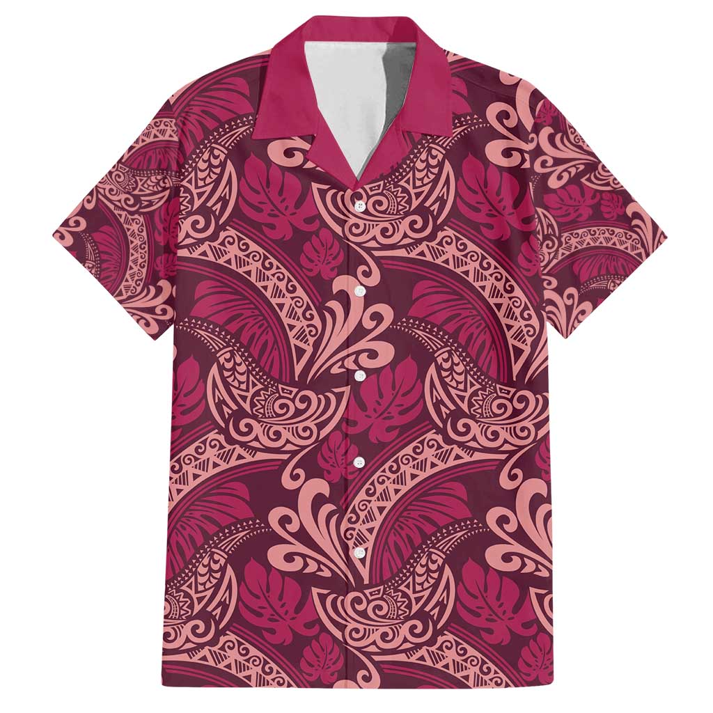 Sweet Pink Monstera Family Matching Long Sleeve Bodycon Dress and Hawaiian Shirt Polynesian Tribal Pattern - Polynesian Pride
