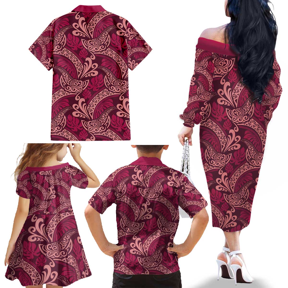 Sweet Pink Monstera Family Matching Off The Shoulder Long Sleeve Dress and Hawaiian Shirt Polynesian Tribal Pattern - Polynesian Pride