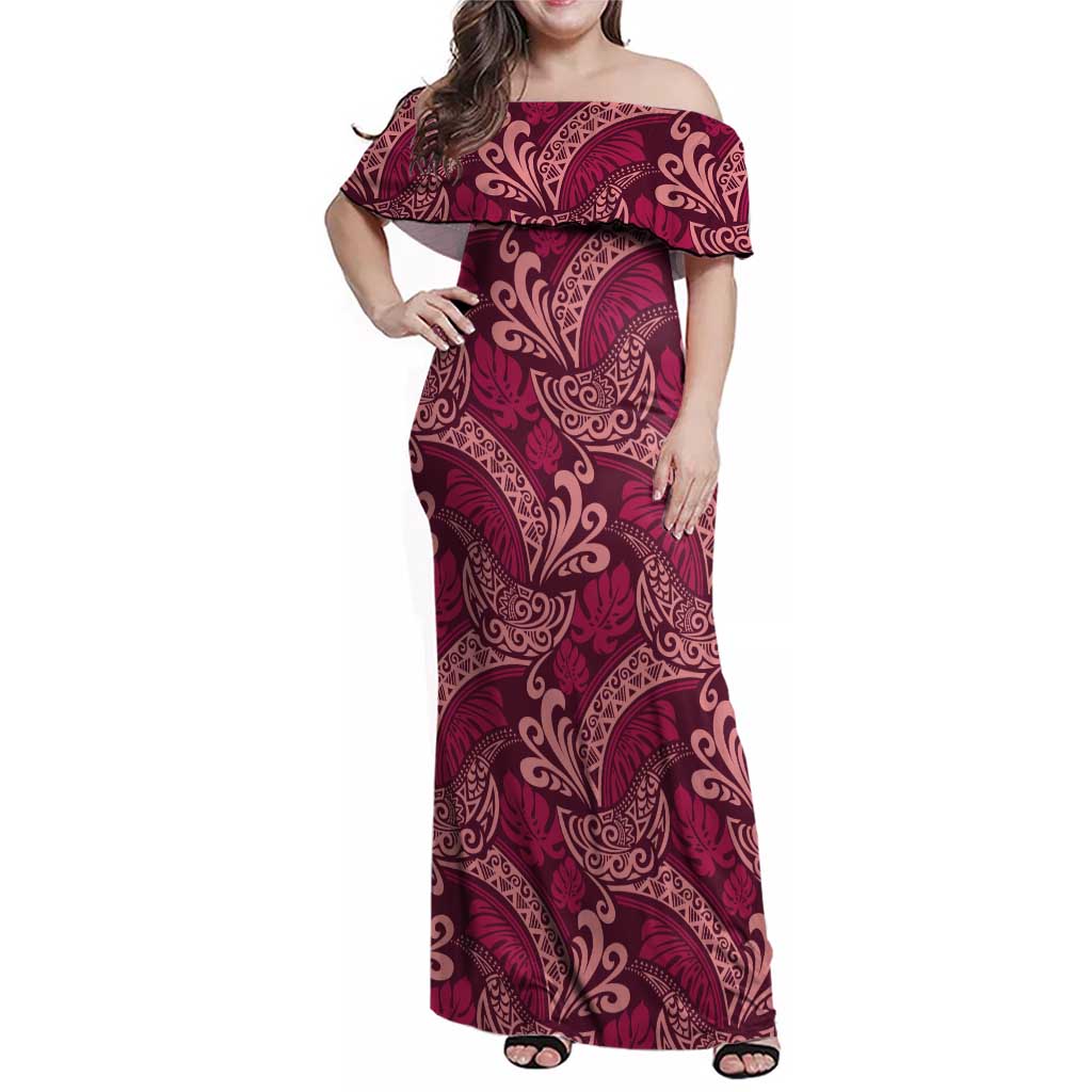 Sweet Pink Monstera Family Matching Off Shoulder Maxi Dress and Hawaiian Shirt Polynesian Tribal Pattern - Polynesian Pride