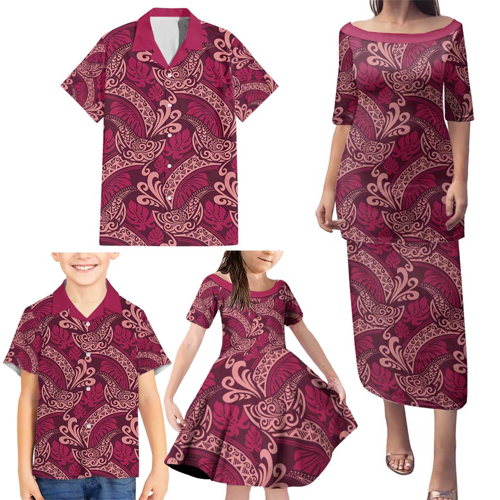Sweet Pink Monstera Family Matching Puletasi and Hawaiian Shirt Polynesian Tribal Pattern - Polynesian Pride