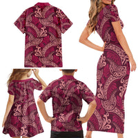 Sweet Pink Monstera Family Matching Short Sleeve Bodycon Dress and Hawaiian Shirt Polynesian Tribal Pattern - Polynesian Pride