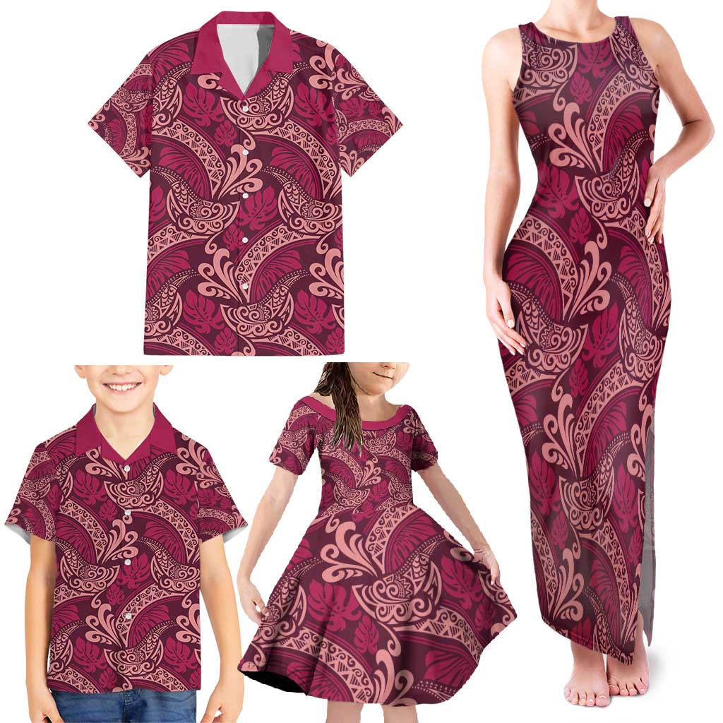 Sweet Pink Monstera Family Matching Tank Maxi Dress and Hawaiian Shirt Polynesian Tribal Pattern - Polynesian Pride