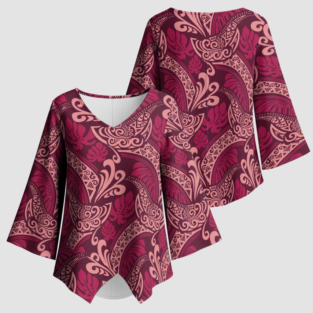 Sweet Pink Monstera Kimono Sleeve Blouse Polynesian Tribal Pattern - Polynesian Pride