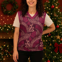 Sweet Pink Monstera Christmas Knitted V-Neck Vest Polynesian Tribal Pattern - Polynesian Pride