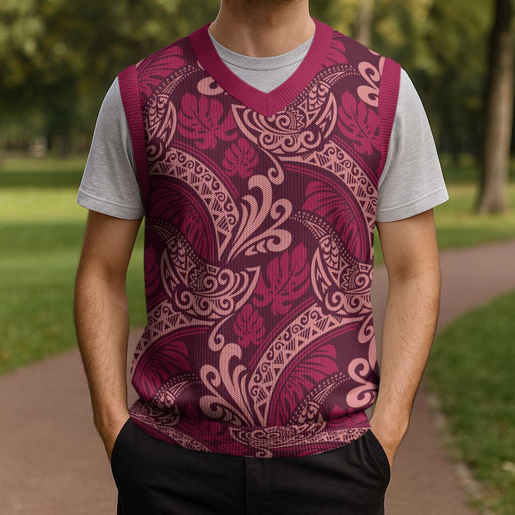 Sweet Pink Monstera Christmas Knitted V-Neck Vest Polynesian Tribal Pattern - Polynesian Pride