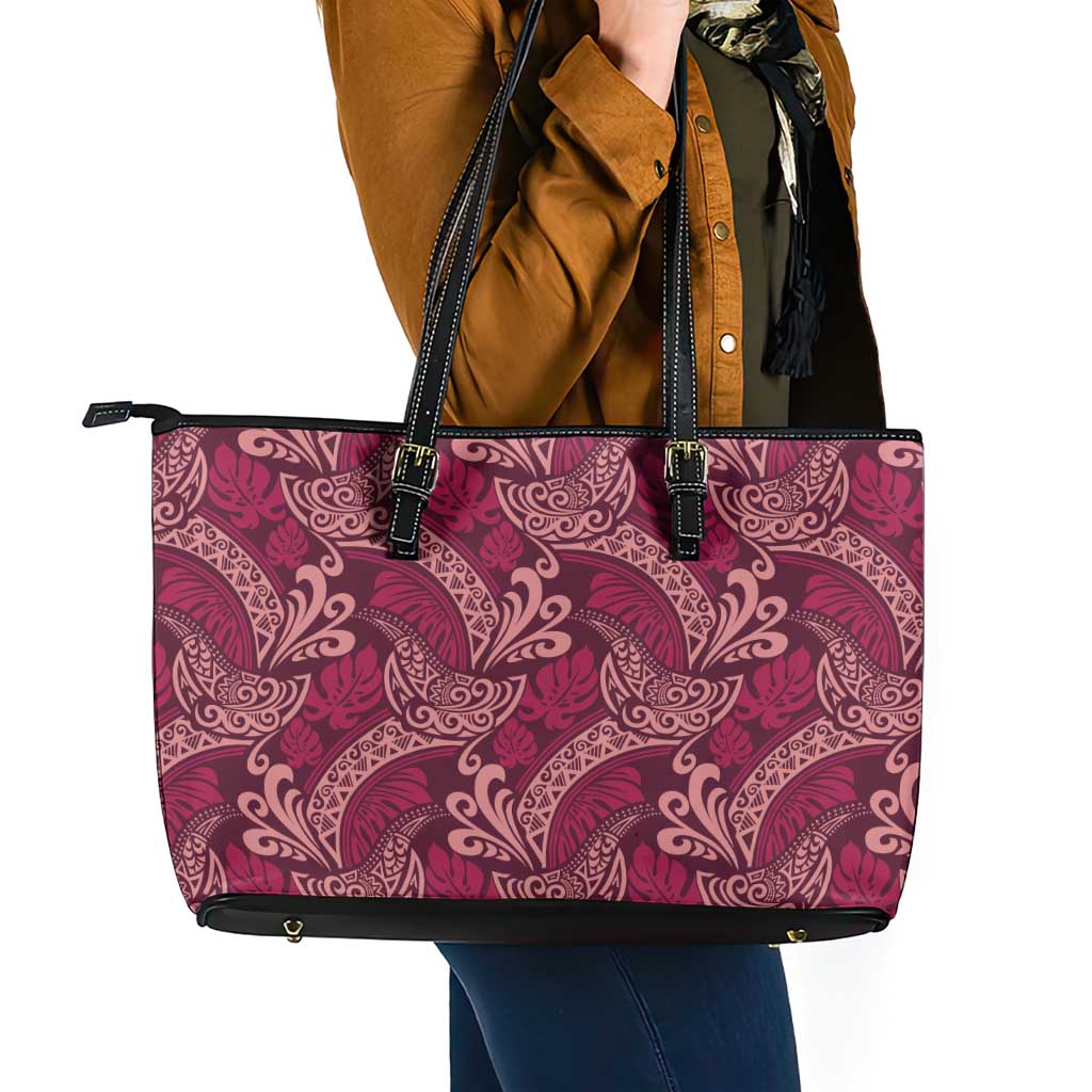 Sweet Pink Monstera Leather Tote Bag Polynesian Tribal Pattern - Polynesian Pride