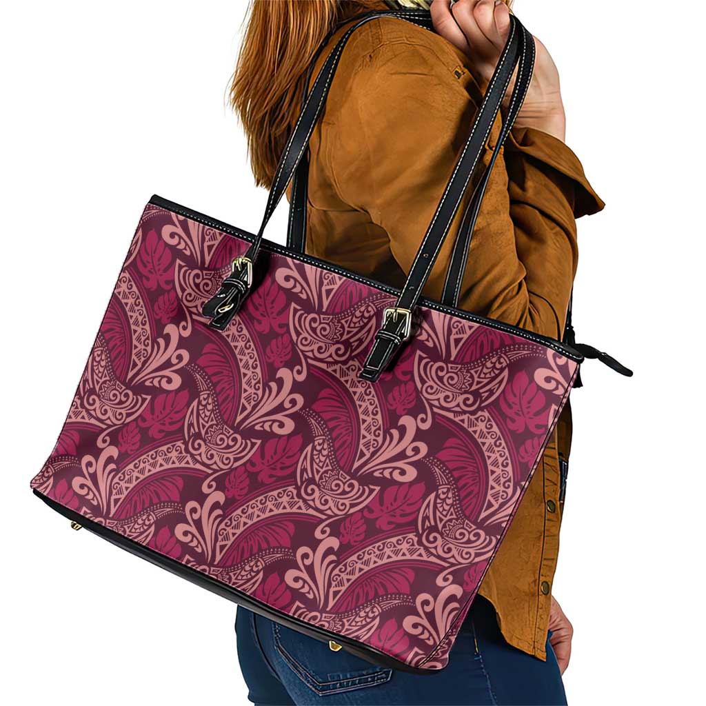 Sweet Pink Monstera Leather Tote Bag Polynesian Tribal Pattern - Polynesian Pride