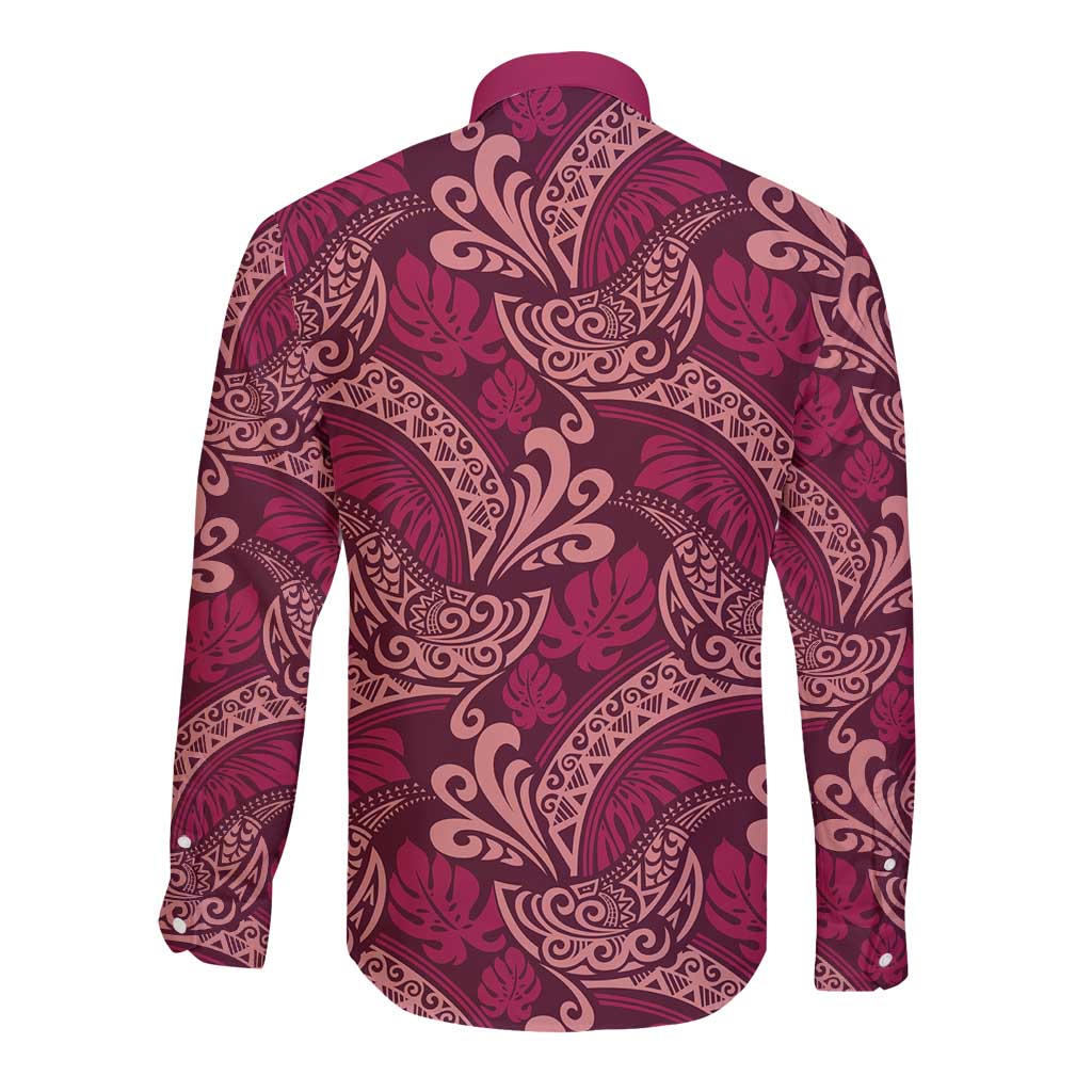 Sweet Pink Monstera Long Sleeve Button Shirt Polynesian Tribal Pattern - Polynesian Pride