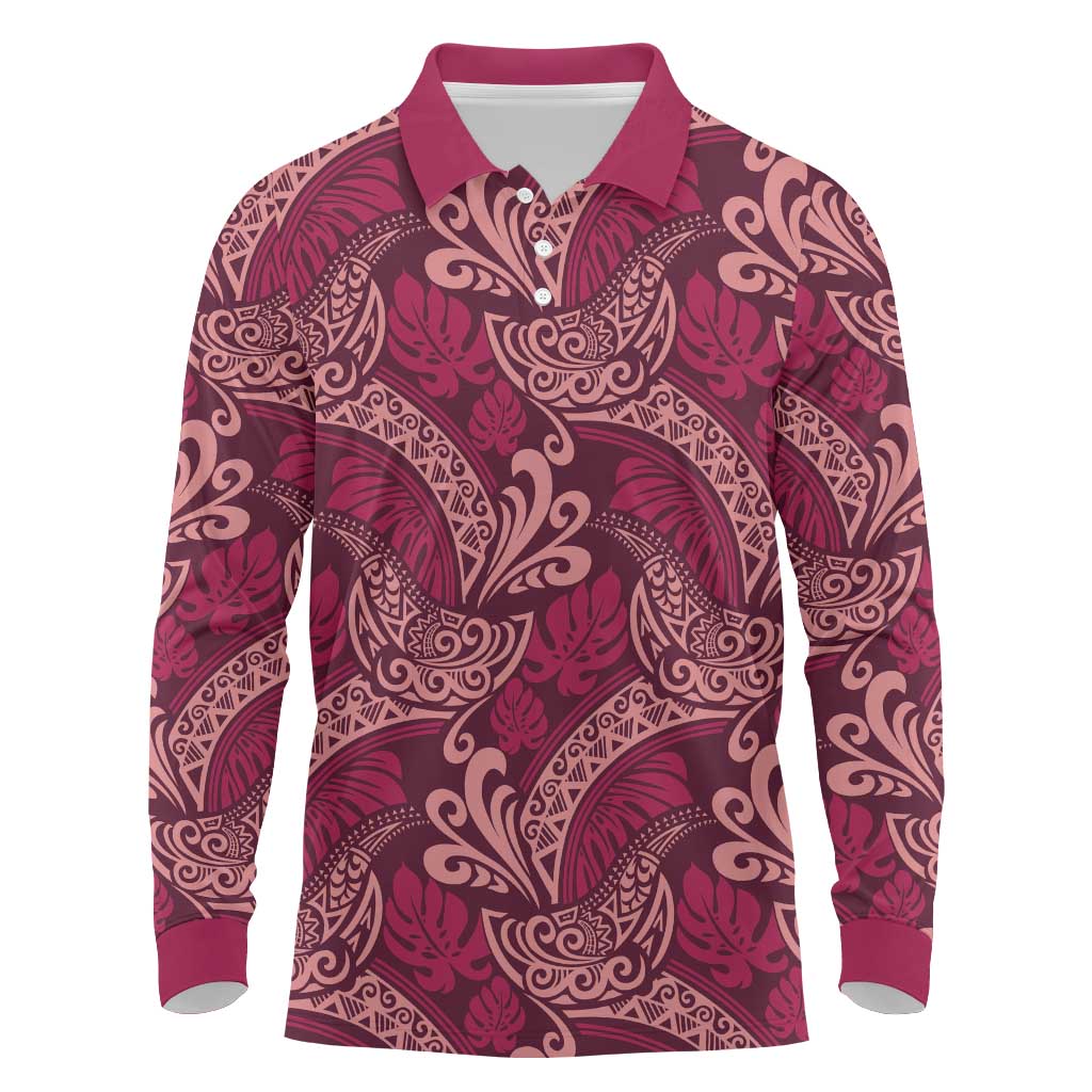 Sweet Pink Monstera Long Sleeve Polo Shirt Polynesian Tribal Pattern - Polynesian Pride
