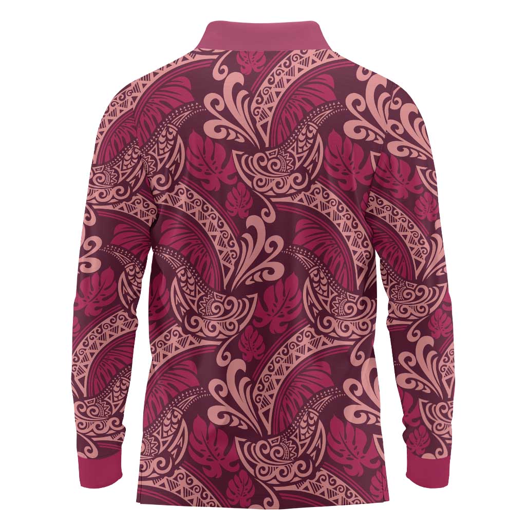 Sweet Pink Monstera Long Sleeve Polo Shirt Polynesian Tribal Pattern - Polynesian Pride
