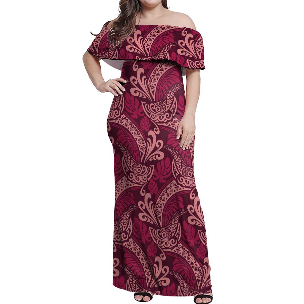 Sweet Pink Monstera Off Shoulder Maxi Dress Polynesian Tribal Pattern - Polynesian Pride