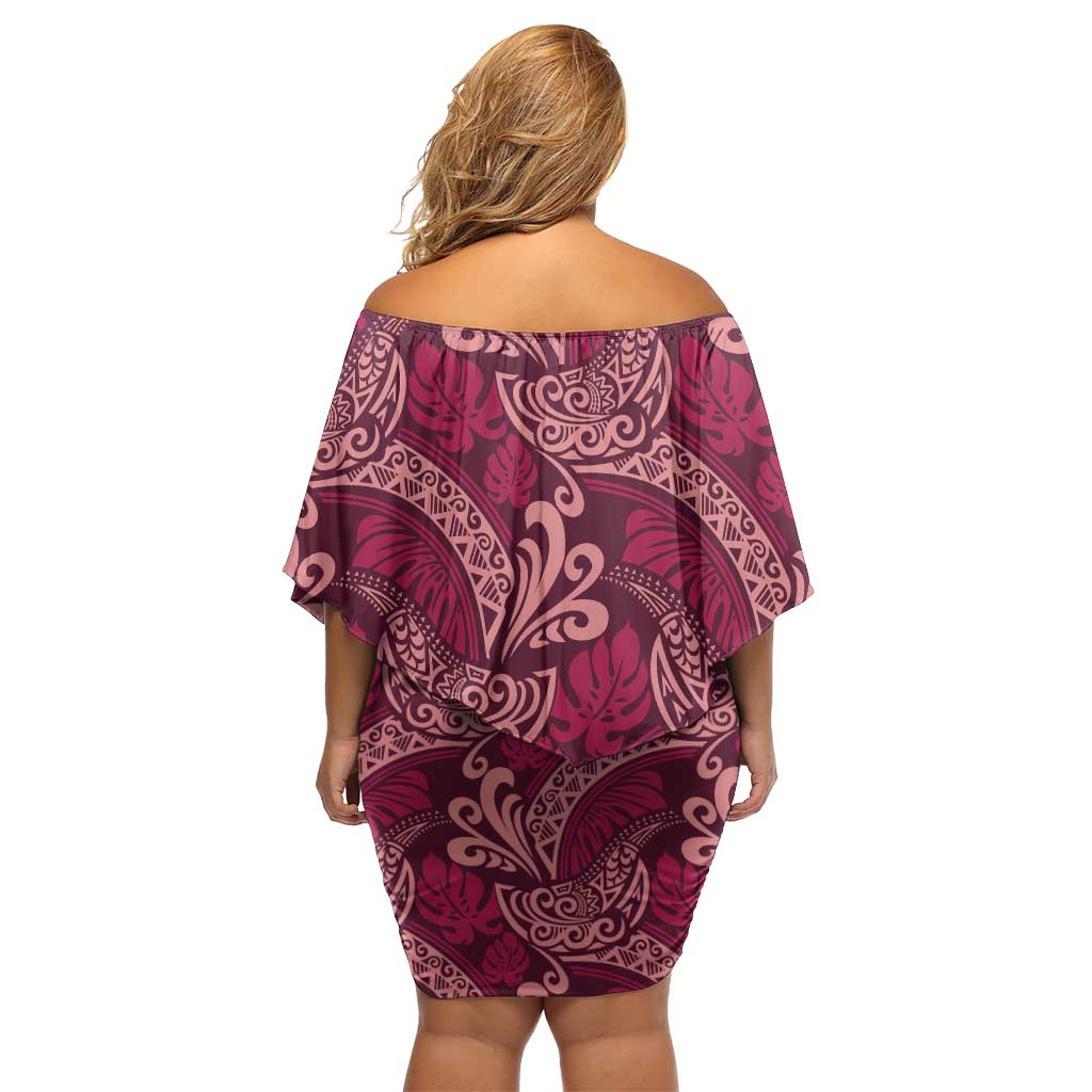 Sweet Pink Monstera Off Shoulder Short Dress Polynesian Tribal Pattern - Polynesian Pride