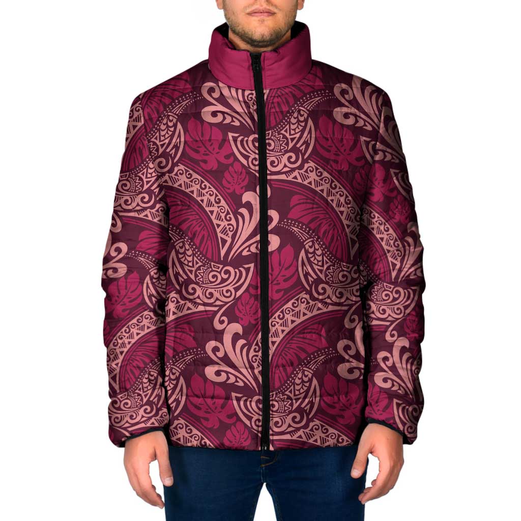 Sweet Pink Monstera Padded Jacket Polynesian Tribal Pattern - Polynesian Pride