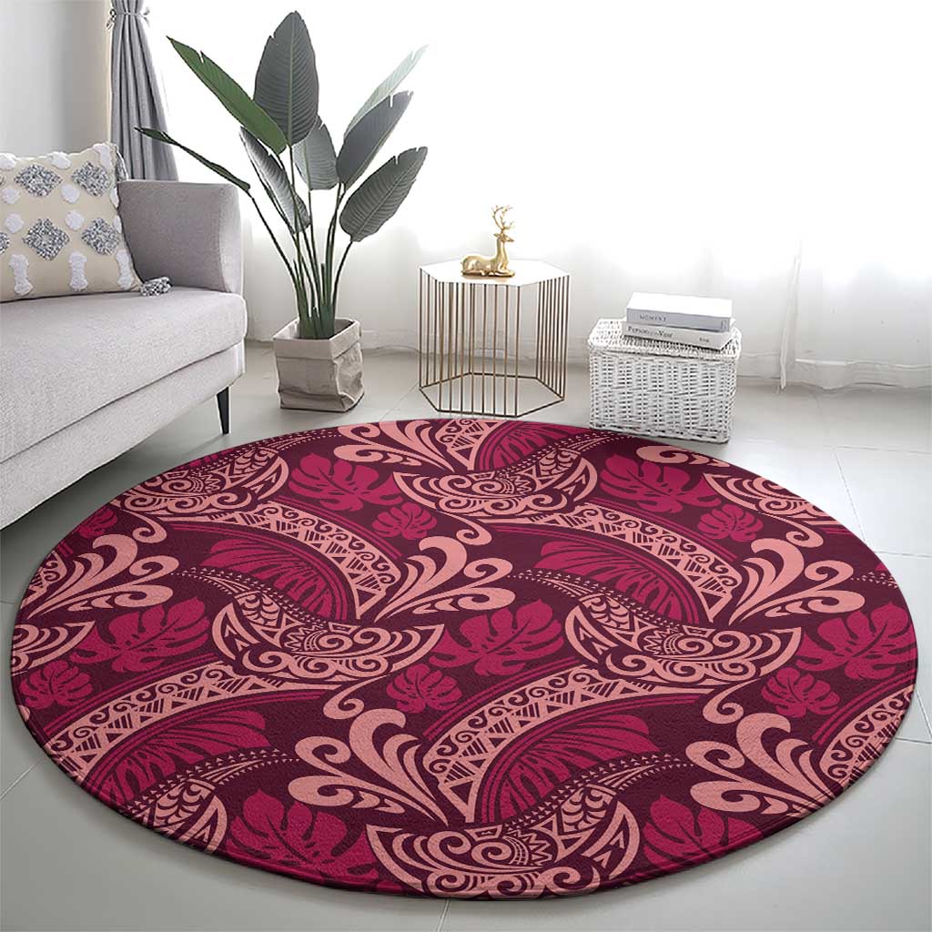Sweet Pink Monstera Round Carpet Polynesian Tribal Pattern - Polynesian Pride