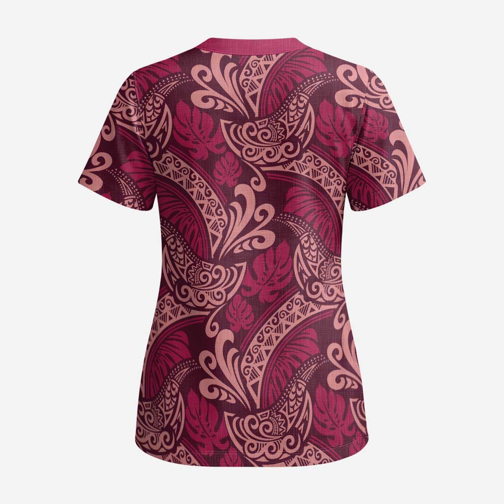 Sweet Pink Monstera Scrub Top Polynesian Tribal Pattern - Polynesian Pride