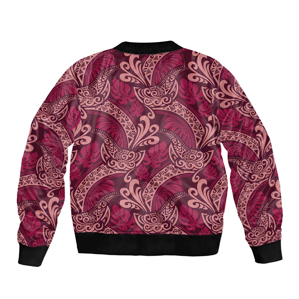 Sweet Pink Monstera Sleeve Zip Bomber Jacket Polynesian Tribal Pattern - Polynesian Pride