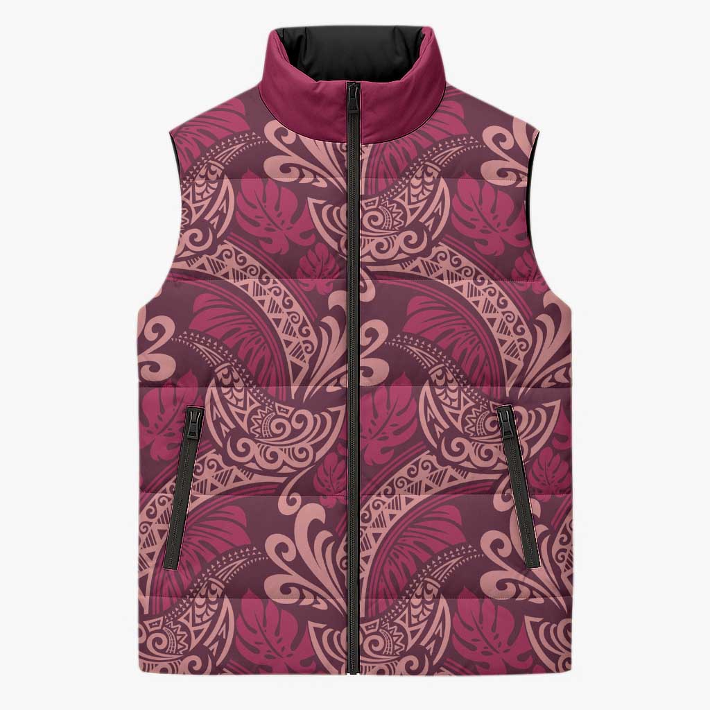 Sweet Pink Monstera Sleeveless Puffer Jacket Polynesian Tribal Pattern - Polynesian Pride