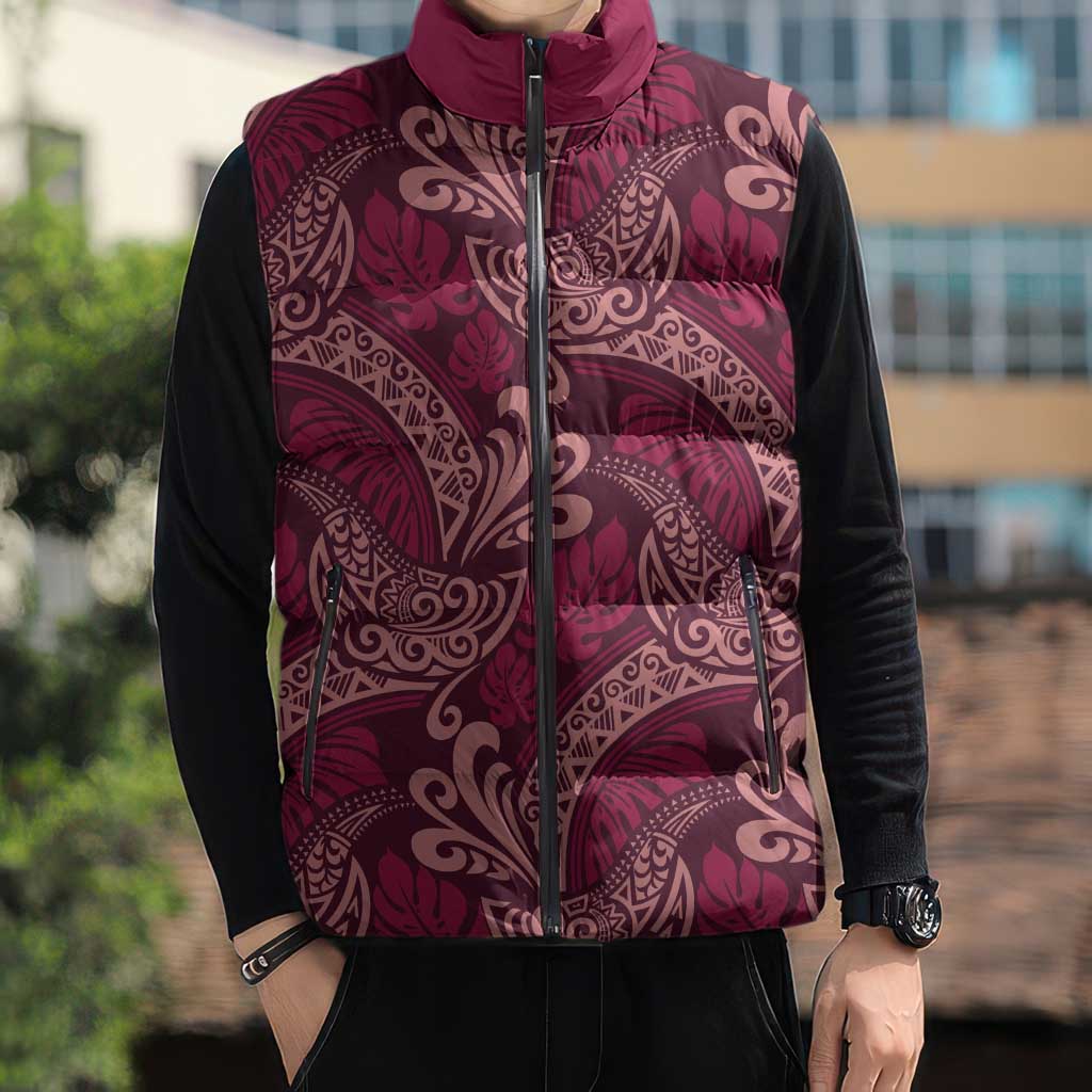Sweet Pink Monstera Sleeveless Puffer Jacket Polynesian Tribal Pattern - Polynesian Pride