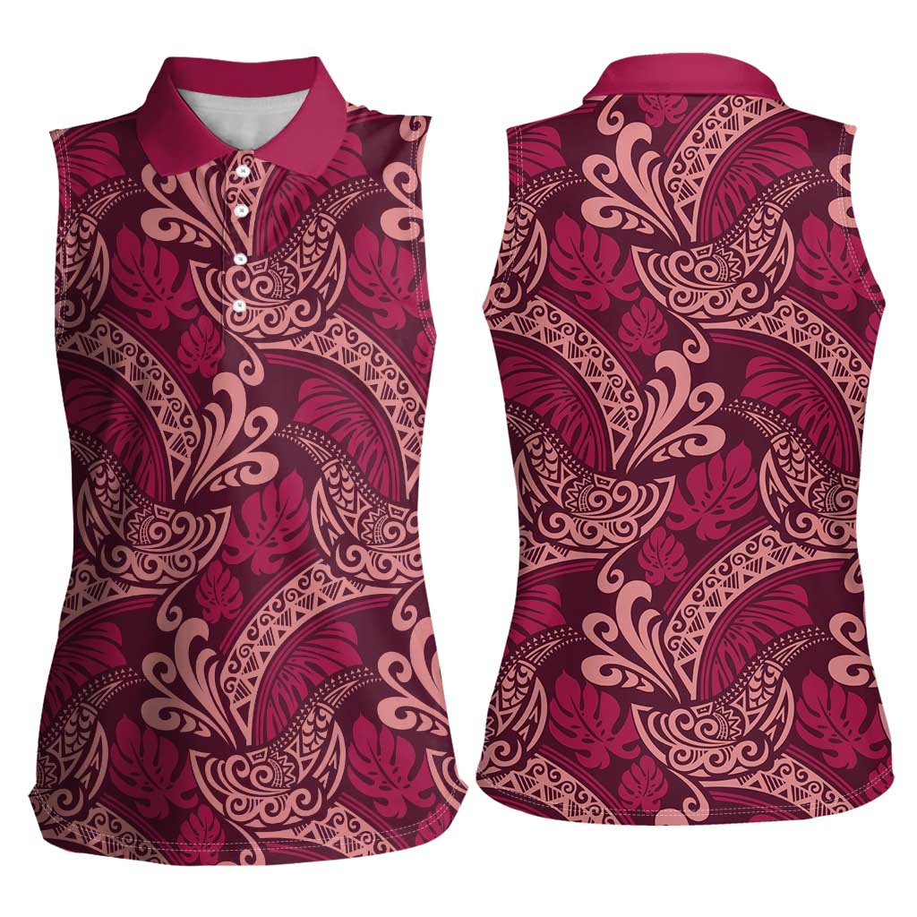 Sweet Pink Monstera Women Sleeveless Polo Shirt Polynesian Tribal Pattern - Polynesian Pride