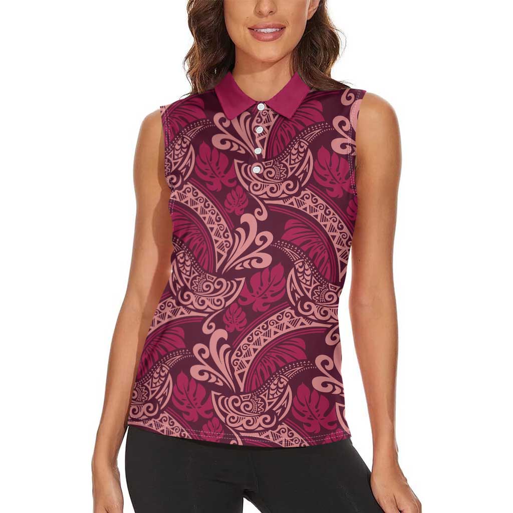 Sweet Pink Monstera Women Sleeveless Polo Shirt Polynesian Tribal Pattern - Polynesian Pride