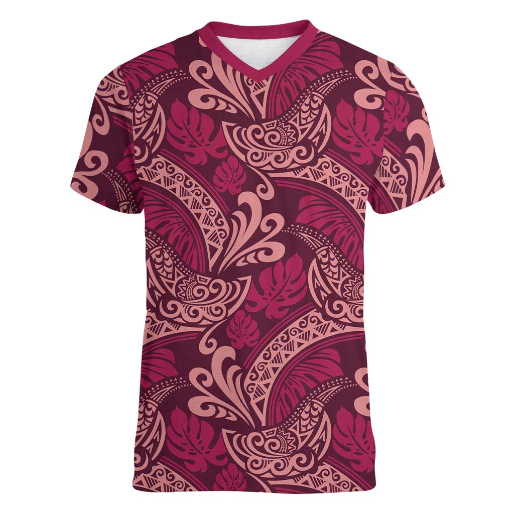 Sweet Pink Monstera Women V-Neck T-Shirt Polynesian Tribal Pattern - Polynesian Pride