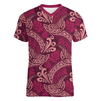 Sweet Pink Monstera Women V-Neck T-Shirt Polynesian Tribal Pattern - Polynesian Pride