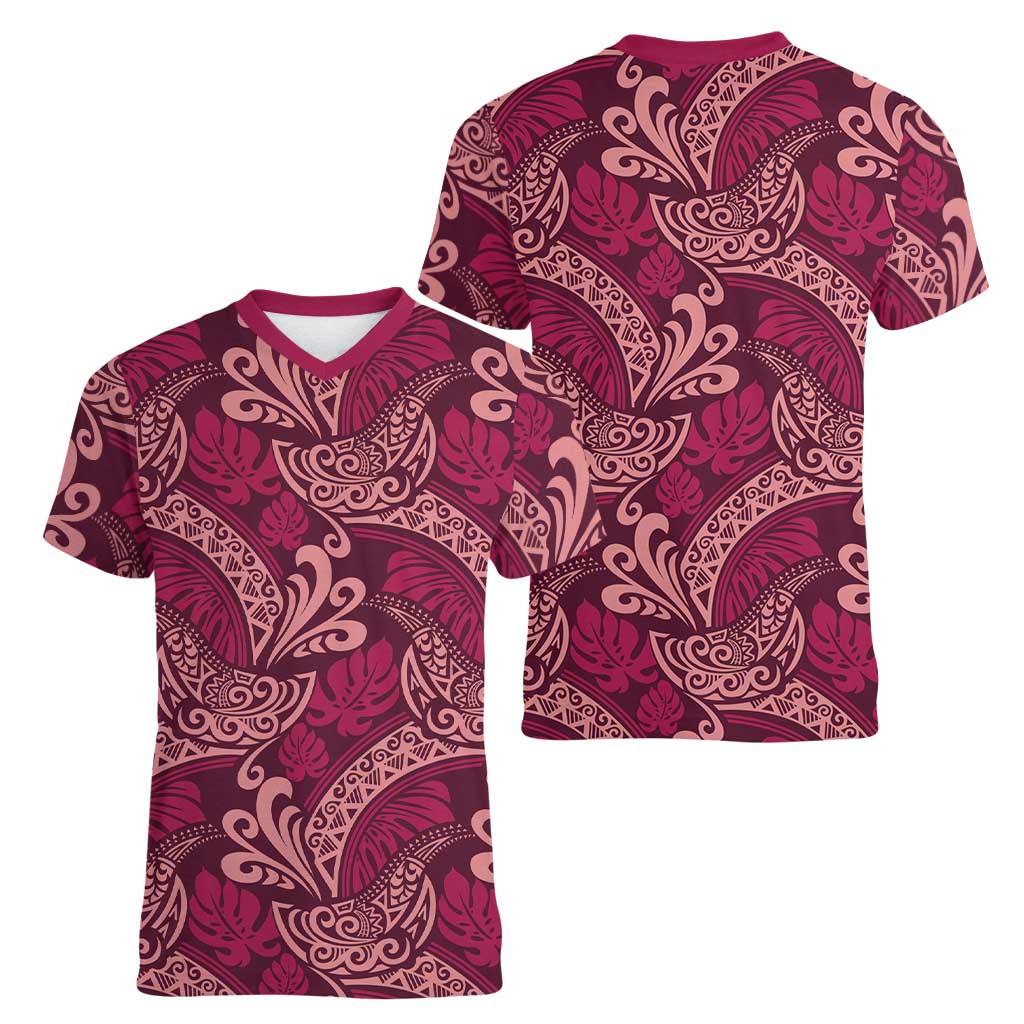Sweet Pink Monstera Women V-Neck T-Shirt Polynesian Tribal Pattern - Polynesian Pride