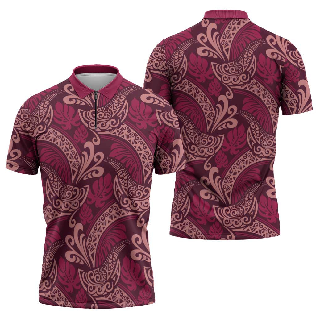 Sweet Pink Monstera Zipper Polo Shirt Polynesian Tribal Pattern - Polynesian Pride