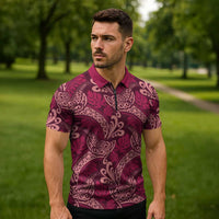 Sweet Pink Monstera Zipper Polo Shirt Polynesian Tribal Pattern - Polynesian Pride