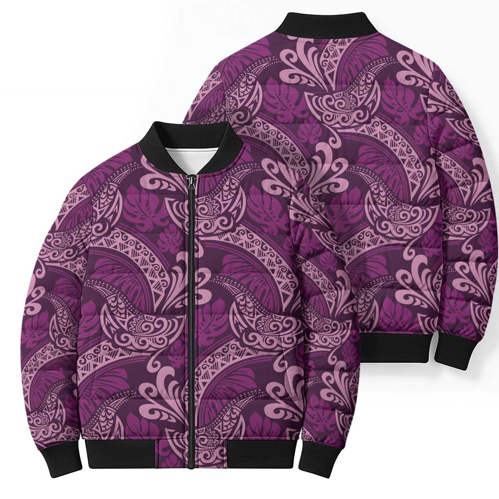 Royal Purple Monstera Bomber Puffer Jacket Polynesian Tribal Pattern - Polynesian Pride