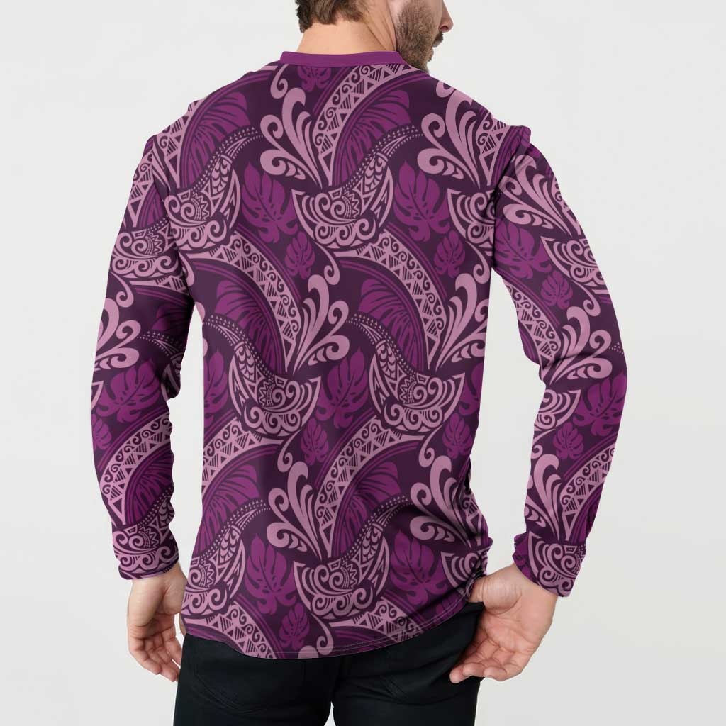 Royal Purple Monstera Button Sweatshirt Polynesian Tribal Pattern - Polynesian Pride